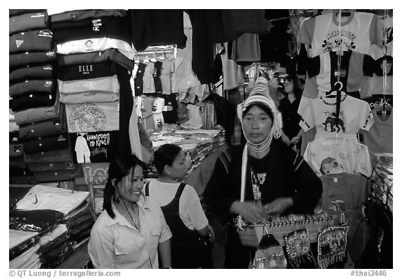 Akkha tribeswoman in the Night Bazaar. Chiang Mai, Thailand (black and white)