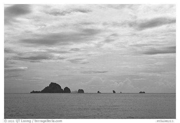 Distant rocky islets, Ao Nang, Andaman Sea. Krabi Province, Thailand (black and white)