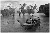 Boat boarding amongst mangroves, Ao Railay East. Krabi Province, Thailand ( black and white)