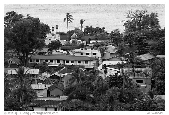 Village and mosque from above, Ko Phi-Phi Don. Krabi Province, Thailand (black and white)