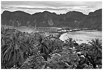 Panoramic view of isthmus and Tonsai village, Ko Phi-Phi island. Krabi Province, Thailand (black and white)