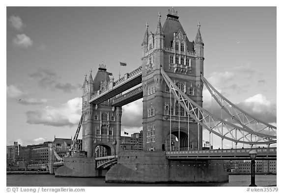 Close view of Tower Bridge, at sunset. London, England, United Kingdom (black and white)