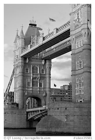 Close view of the Tower Bridge, a landmark 1876 bascule bridge. London, England, United Kingdom (black and white)