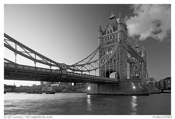 Wide view of Tower Bridge, a landmark 1876 bascule bridge. London, England, United Kingdom (black and white)