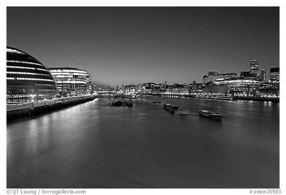River Thames and skyline at night. London, England, United Kingdom (black and white)