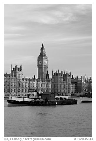 Houses of Parliament across the Thames, early morning. London, England, United Kingdom (black and white)
