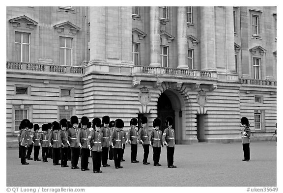 Household division guards during the changing of the Guard ceremonial. London, England, United Kingdom (black and white)