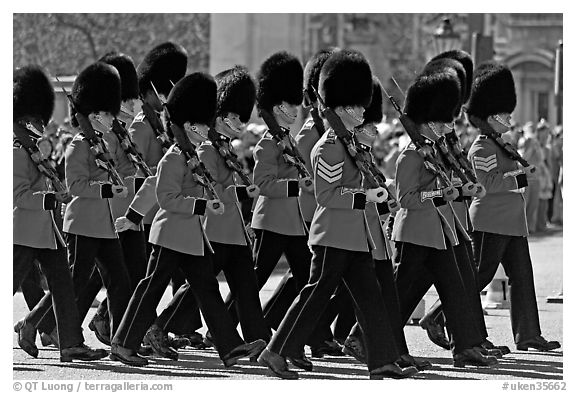 Guards with tall bearskin hats  marching near Buckingham Palace. London, England, United Kingdom (black and white)