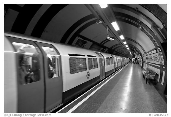 Train in station, London tube. London, England, United Kingdom (black and white)