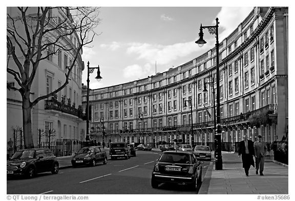 Street and townhouses crescent. London, England, United Kingdom (black and white)