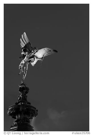 Eros statue at night, Piccadilly Circus. London, England, United Kingdom (black and white)