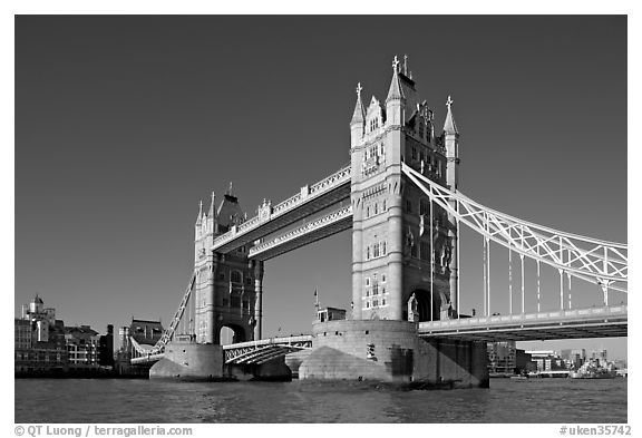 Tower Bridge at river level, morning. London, England, United Kingdom (black and white)