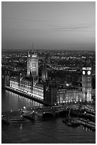 Aerial view of Westminster Palace from the London Eye at sunset. London, England, United Kingdom (black and white)