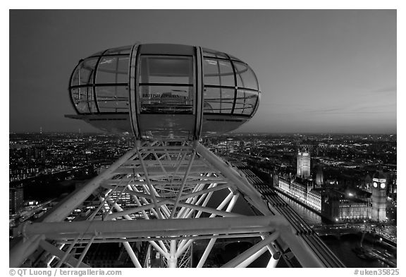 Millenium Wheel capsule and Houses of Parliament at dusk. London, England, United Kingdom (black and white)