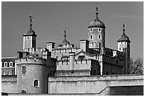 Turrets and White House, Tower of London. London, England, United Kingdom (black and white)