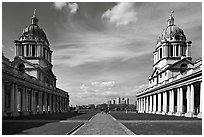 Symetrical domes of the Old Royal Naval College, designed by Christopher Wren. Greenwich, London, England, United Kingdom (black and white)