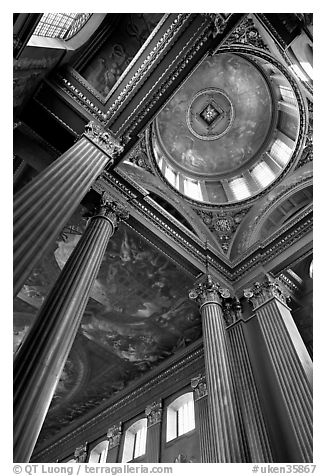 Columns and entrance of Painted Hall of Greenwich Hospital. Greenwich, London, England, United Kingdom (black and white)