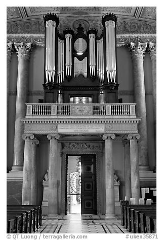 Organ in the chapel, Old Royal Naval College. Greenwich, London, England, United Kingdom (black and white)