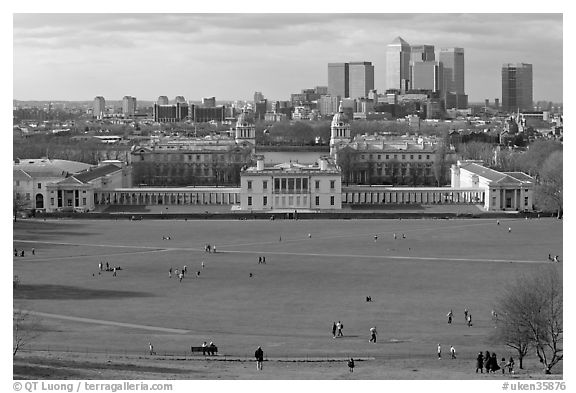 Greenwich Park lawn, Royal Maritime Museum, Greenwich Hospital, and Docklands. Greenwich, London, England, United Kingdom (black and white)