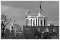 Red Time Ball on top of Flamsteed House, one of the world's first visual time signals. Greenwich, London, England, United Kingdom (black and white)