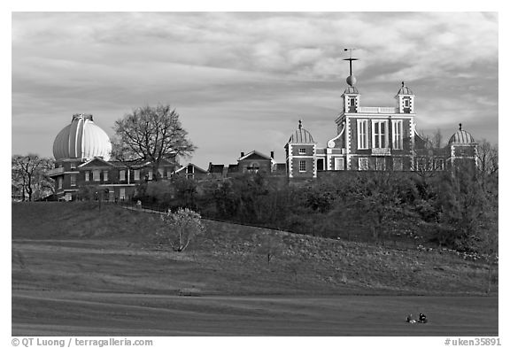 Greenwich Park and Royal Observatory, late afternoon. Greenwich, London, England, United Kingdom (black and white)