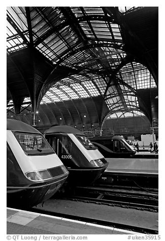 Trains in Paddington Railway station. London, England, United Kingdom (black and white)