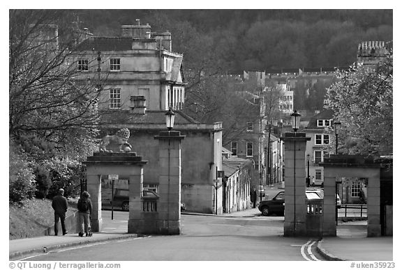 Gate at the entrance of Royal Victoria gardens, and street. Bath, Somerset, England, United Kingdom (black and white)