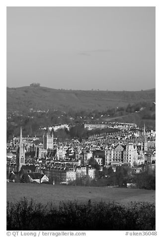 Meadow and city center. Bath, Somerset, England, United Kingdom (black and white)
