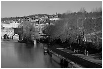 Pulteney Bridge, Avon River, Houseboats, and quay. Bath, Somerset, England, United Kingdom (black and white)