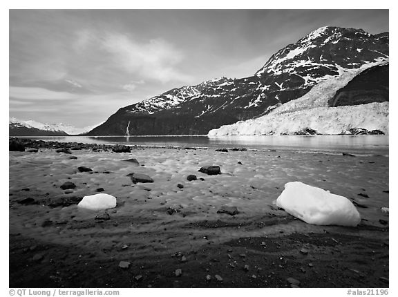 Barry arm and Glacier from Black Sand Beach. Prince William Sound, Alaska, USA (black and white)
