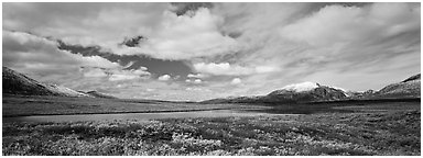 Tundra landscape and clouds in autumn. Alaska, USA (Panoramic black and white)