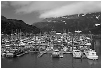 Whittier Harbour and mountains. Whittier, Alaska, USA ( black and white)
