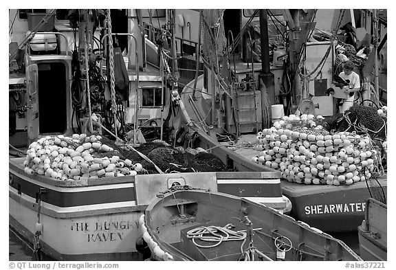 Commercial fishing boats. Whittier, Alaska, USA (black and white)