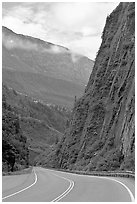 Richardson Highway passing between steep walls, Keystone Canyon. Alaska, USA ( black and white)