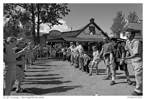 Egg throwing contest. McCarthy, Alaska, USA (black and white)
