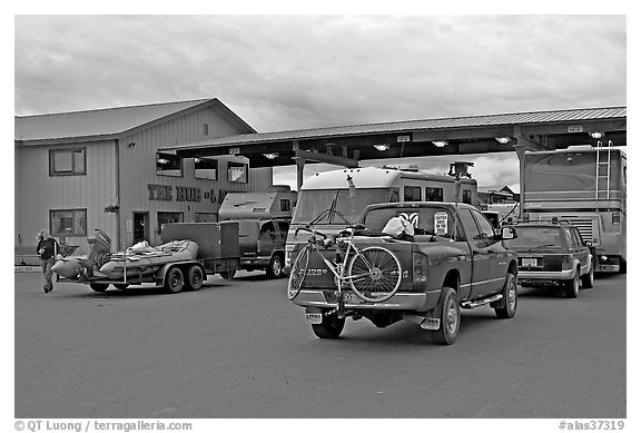 Gas station The Hub of Alaska, Glennalen. Alaska, USA (black and white)