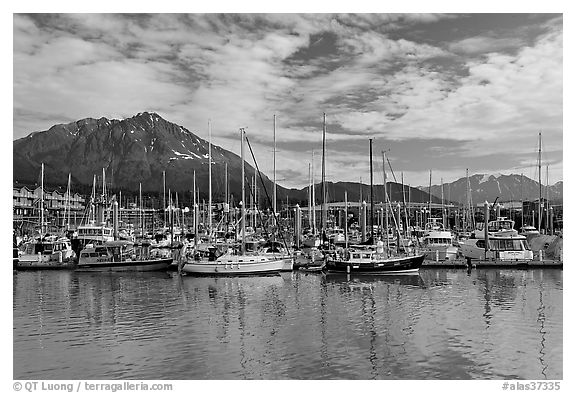 Yachts in harbor. Seward, Alaska, USA (black and white)