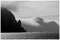 Glistening water, fog, and boats, Resurrection Bay. Seward, Alaska, USA (black and white)
