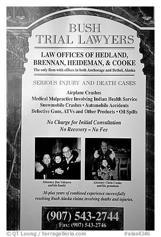Advertisement for a local law firm. Kotzebue, North Western Alaska, USA (black and white)