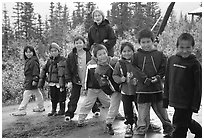 Inupiaq Eskimo kids and teacher, Kiana. North Western Alaska, USA (black and white)