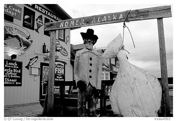Halibut fishing sculpture on the Spit. Homer, Alaska, USA (black and white)