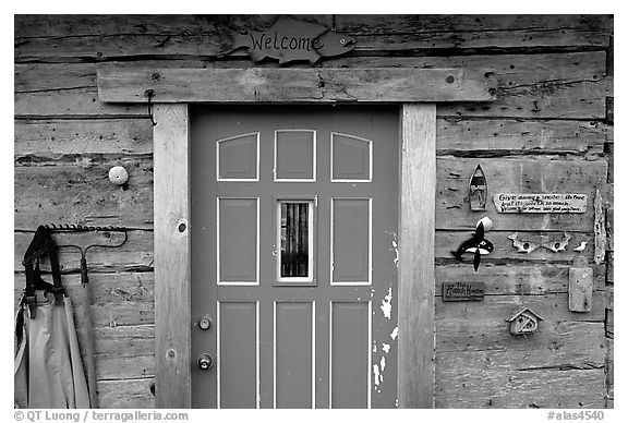 Wooden cabin door. Ninilchik, Alaska, USA (black and white)