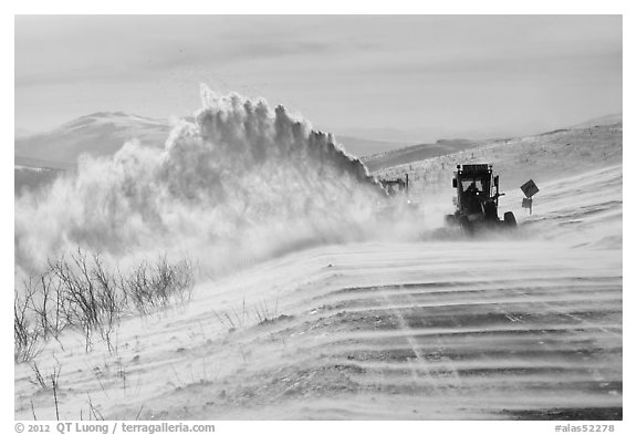 Snowplows and spindrift, Twelve Mile Summmit. Alaska, USA (black and white)
