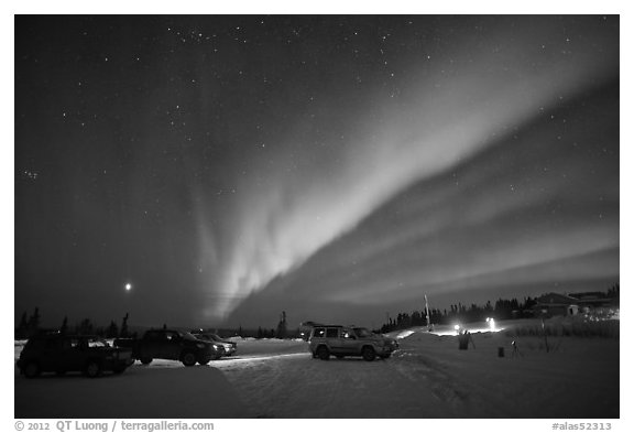Viewing the Northern Lights at Cleary Summit. Alaska, USA (black and white)