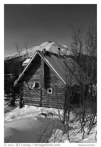 Log cabin in winter. Wiseman, Alaska, USA (black and white)