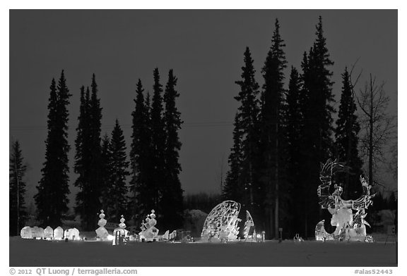 George Horner Ice Park at dusk, 2012 World Ice Art Championships. Fairbanks, Alaska, USA (black and white)