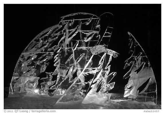 Illuminated ice carving, 2012 Ice Alaska. Fairbanks, Alaska, USA (black and white)