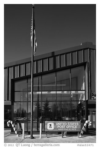 Post office facade. North Pole, Alaska, USA (black and white)