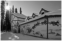 Santa Claus House and sun in winter. North Pole, Alaska, USA ( black and white)