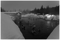 Hot springs at night in winter. Chena Hot Springs, Alaska, USA ( black and white)
